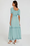 Robe longue Bardot bleue avec dentelle
