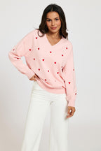 Embroidery Red Heart V Neck Jumper In Milk Pink