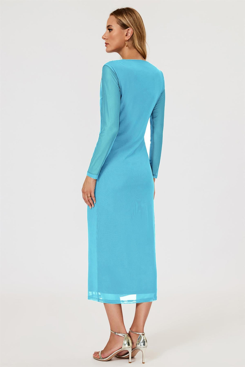 Long Sleeves Mesh Midi Dress In Aqua