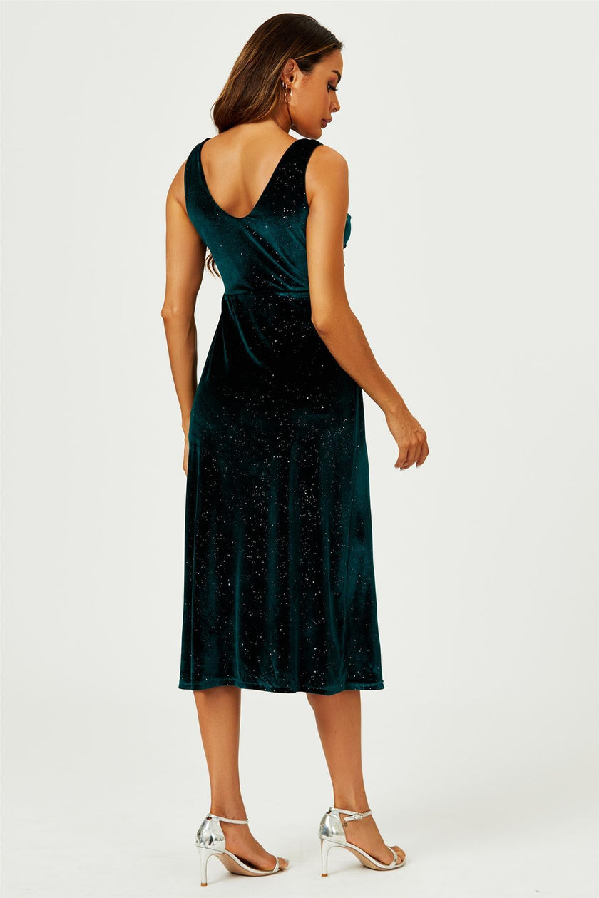 Robe midi vert émeraude en velours scintillant argenté avec nœud sur le devant