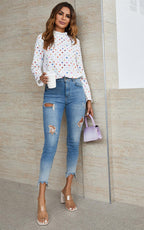 Polka Dot Print Frill Detail High Neck Top In White