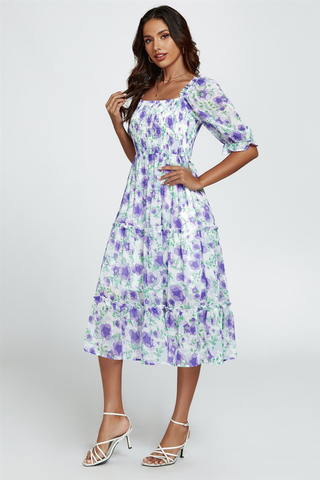 Floral Print Bardot Puff Sleeve Elasticated Detail Midi Dress In White