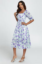 Floral Print Bardot Puff Sleeve Elasticated Detail Midi Dress In White