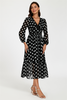 Robe longue noire à manches longues, imprimé pois et dentelle
