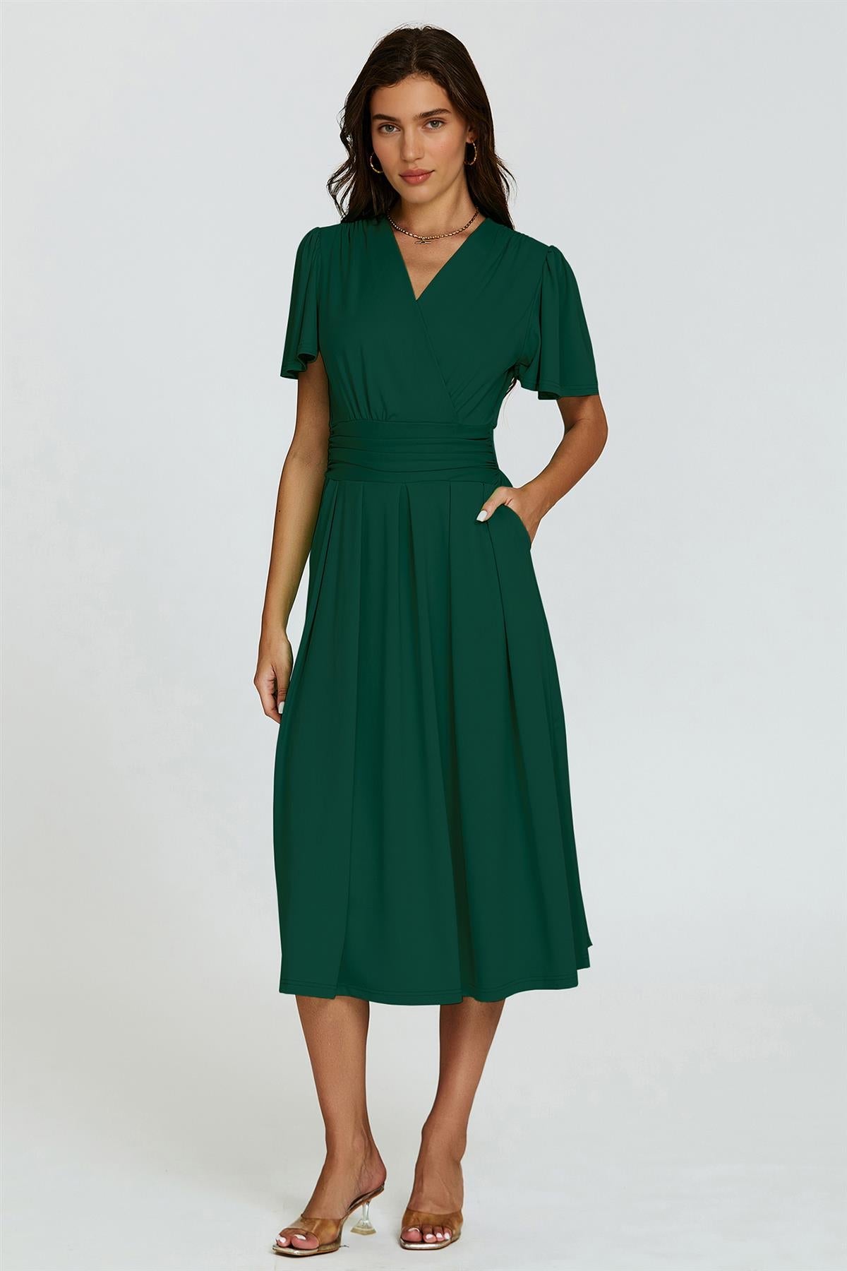 Angel Sleeve Jersey Midi Dress In Dark Green