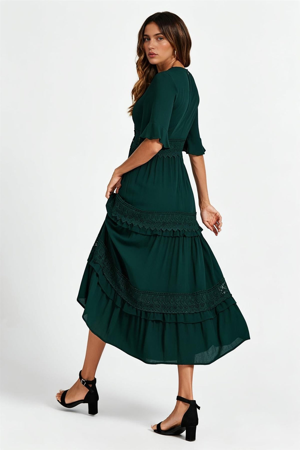 V Neck Lace Detail Midi Dress In Forest Green