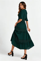 V Neck Lace Detail Midi Dress In Forest Green