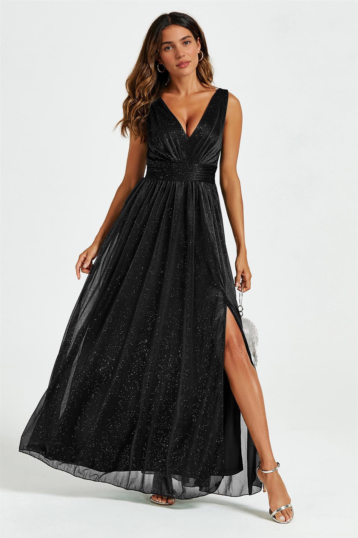 Sparkly V Neck Bridesmaid Maxi Dress In Black