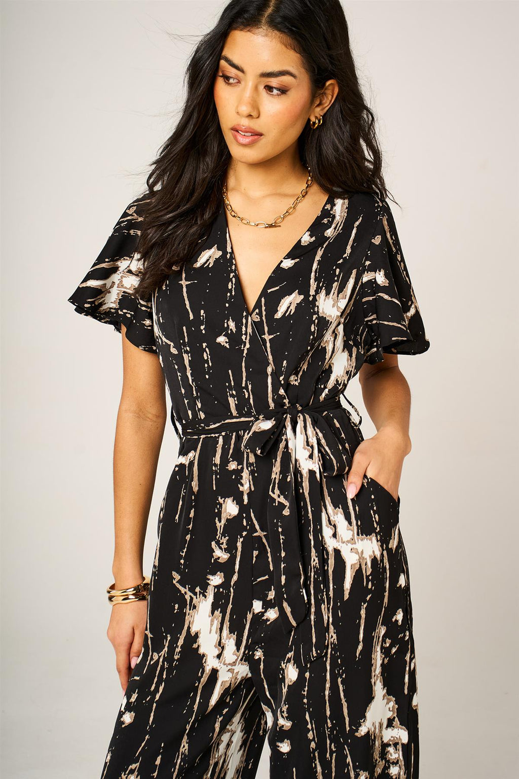 Bleach Effect Print Wrap Top Jumpsuit In Black