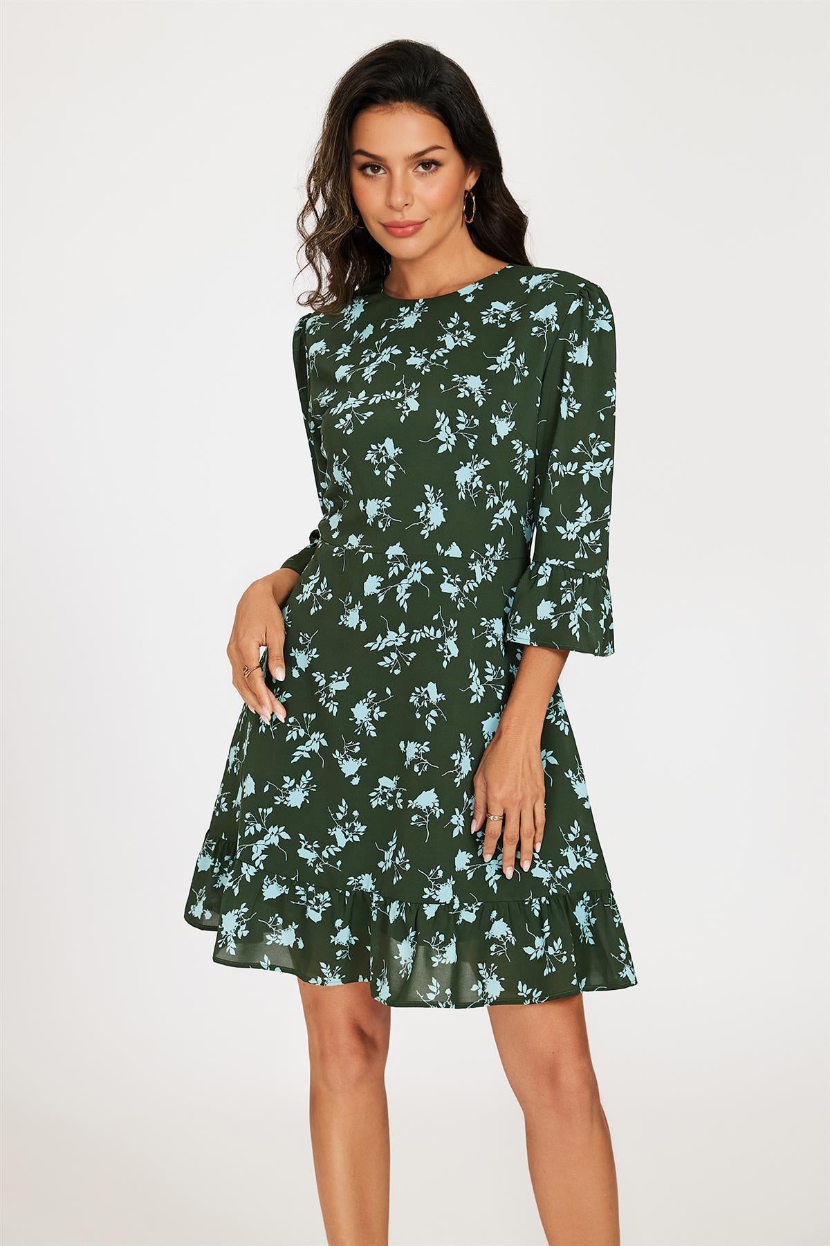 Floral Print Frill Detail Mini Dress In Green