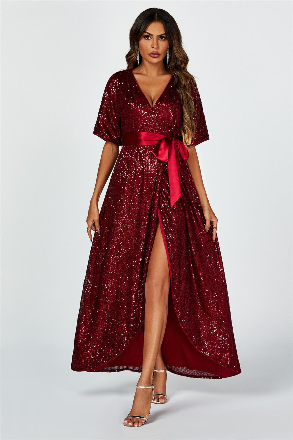 Wrap Style Sequin Maxi Dress In Wine