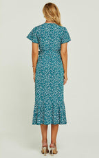 Angel Sleeve Wrap Midi Dress In Green Floral Print