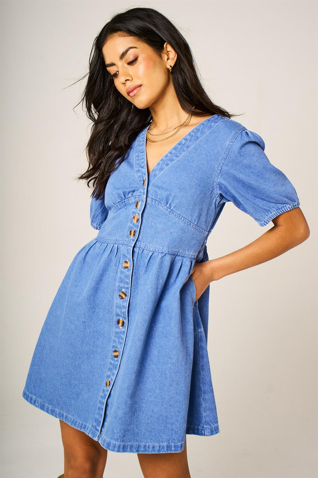 Puff Sleeve Button Down Denim Mini Dress In Light Blue