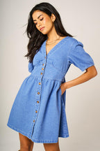 Puff Sleeve Button Down Denim Mini Dress In Light Blue