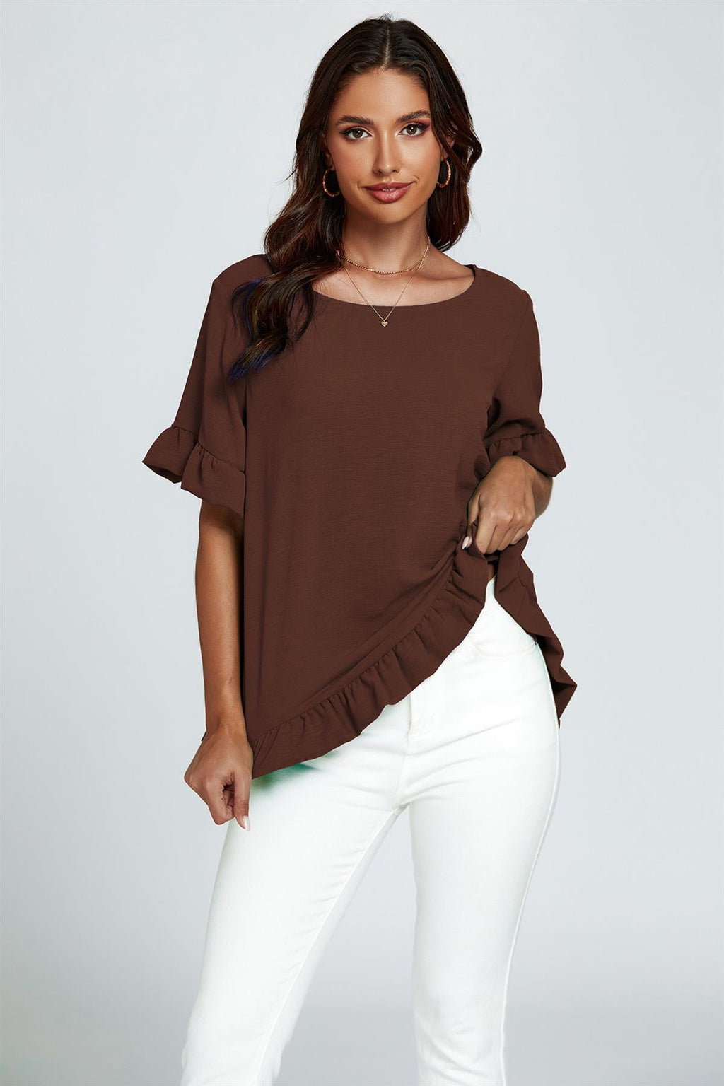 Frill Detail Short Sleeves Top In Brown