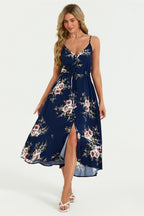 Floral Print Button Down High Low Strappy Dress In Navy