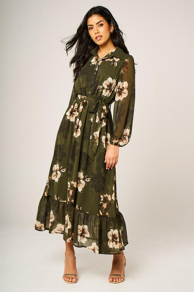 Robe midi chemise vert olive à imprimé floral, ourlet détaillé et taille nouée