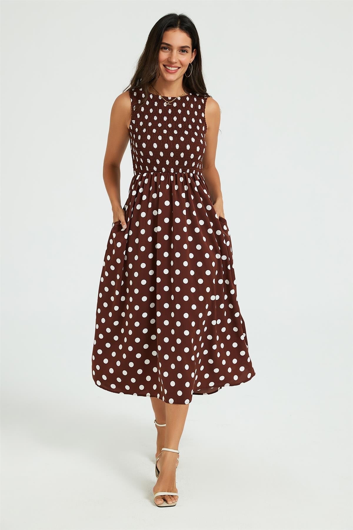Dot Print Tie Back Sleeveless Shirred Top Midi Dress Brown