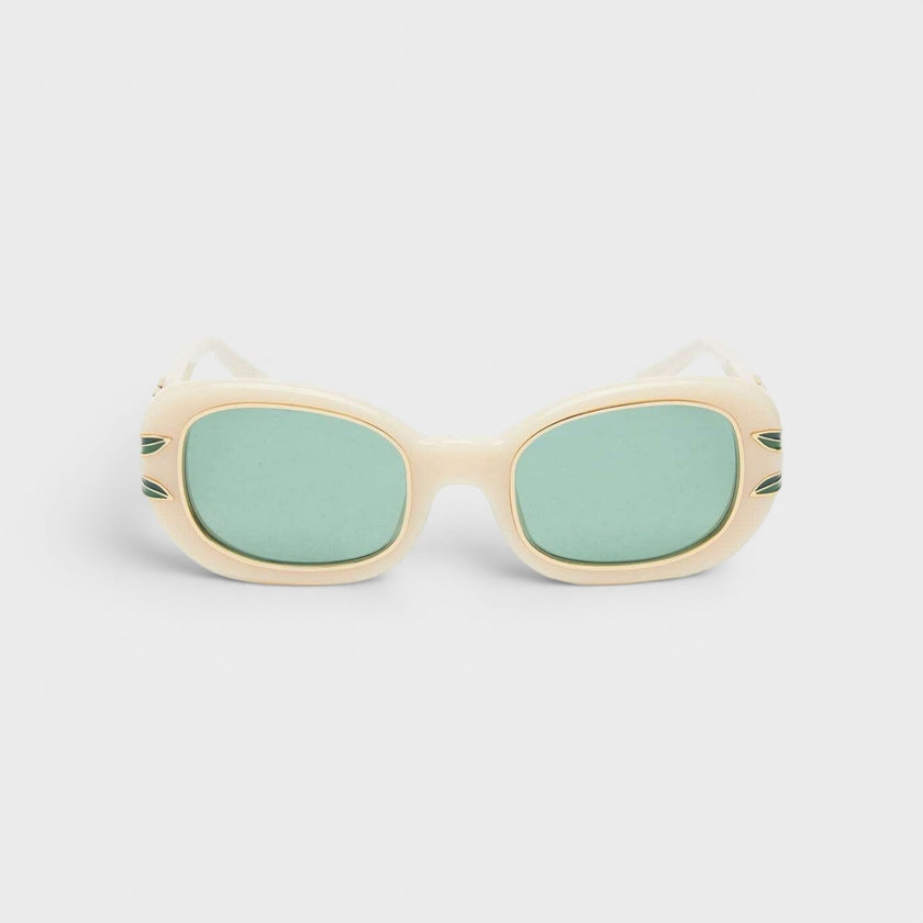 Ovale Sonnenbrille aus Acetat und Metall mit Lorbeer-Detail, Creme/Gold/Lorbeergrün
