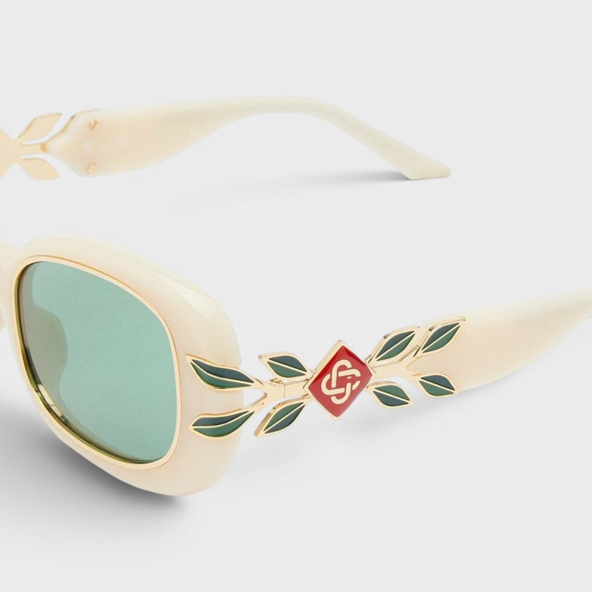 Ovale Sonnenbrille aus Acetat und Metall mit Lorbeer-Detail, Creme/Gold/Lorbeergrün