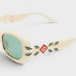 Ovale Sonnenbrille aus Acetat und Metall mit Lorbeer-Detail, Creme/Gold/Lorbeergrün