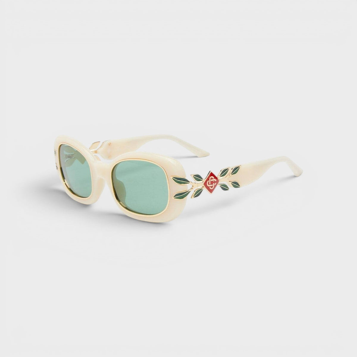 Ovale Sonnenbrille aus Acetat und Metall mit Lorbeer-Detail, Creme/Gold/Lorbeergrün