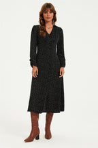 Dot Print Long Sleeve Button Front Midi Dress In Black
