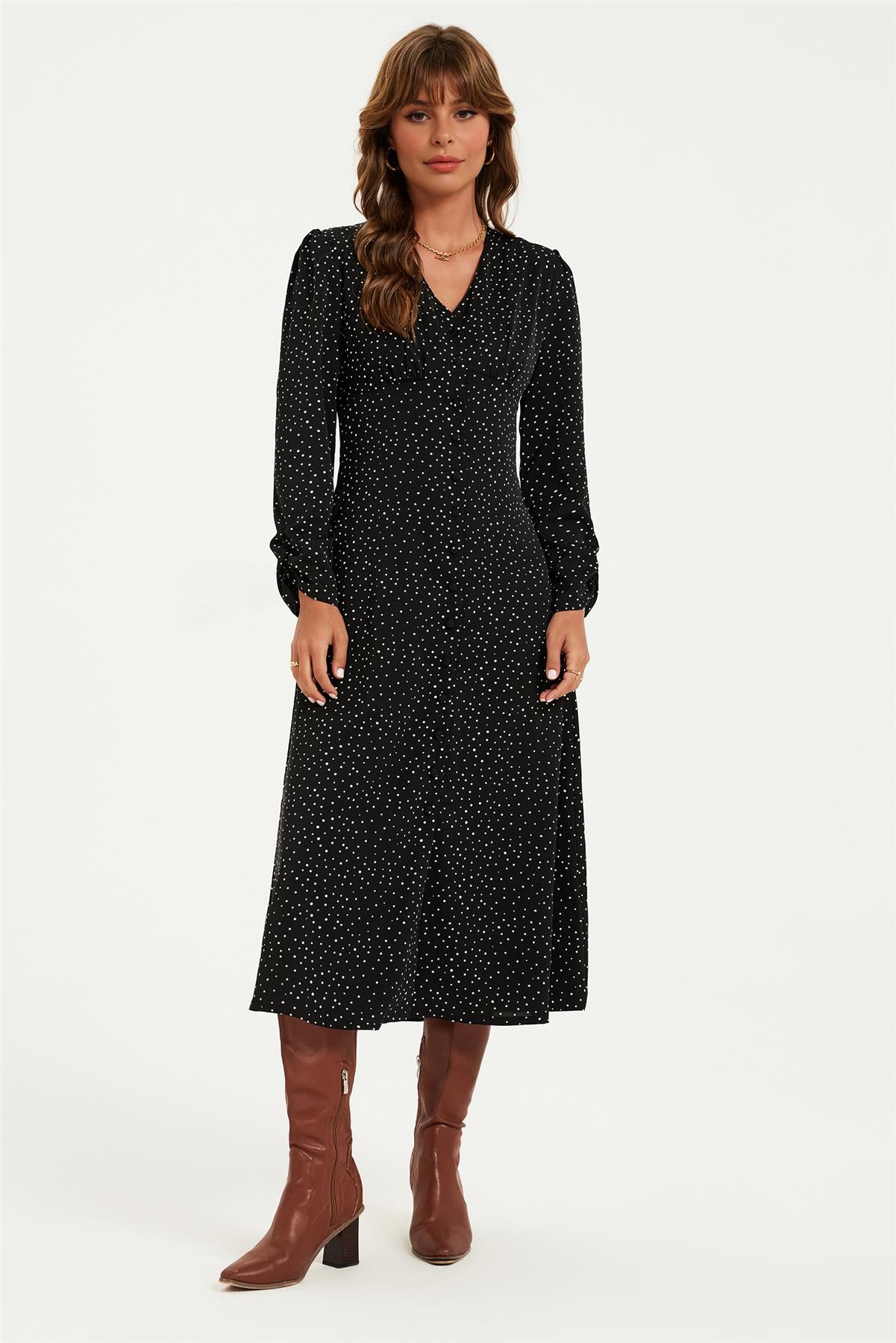 Dot Print Long Sleeve Button Front Midi Dress In Black