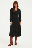 Dot Print Long Sleeve Button Front Midi Dress In Black