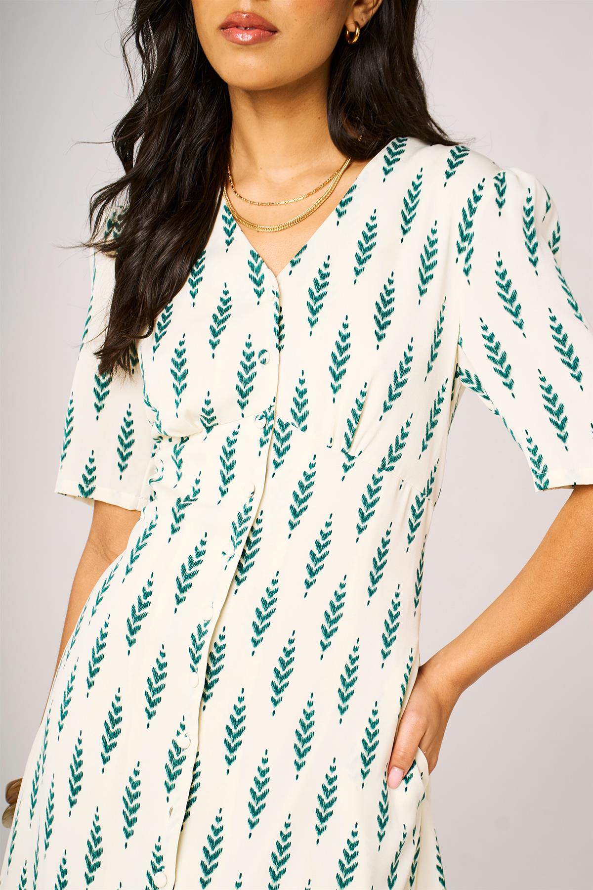Green Leaf Print Button Front Midi Dress In White