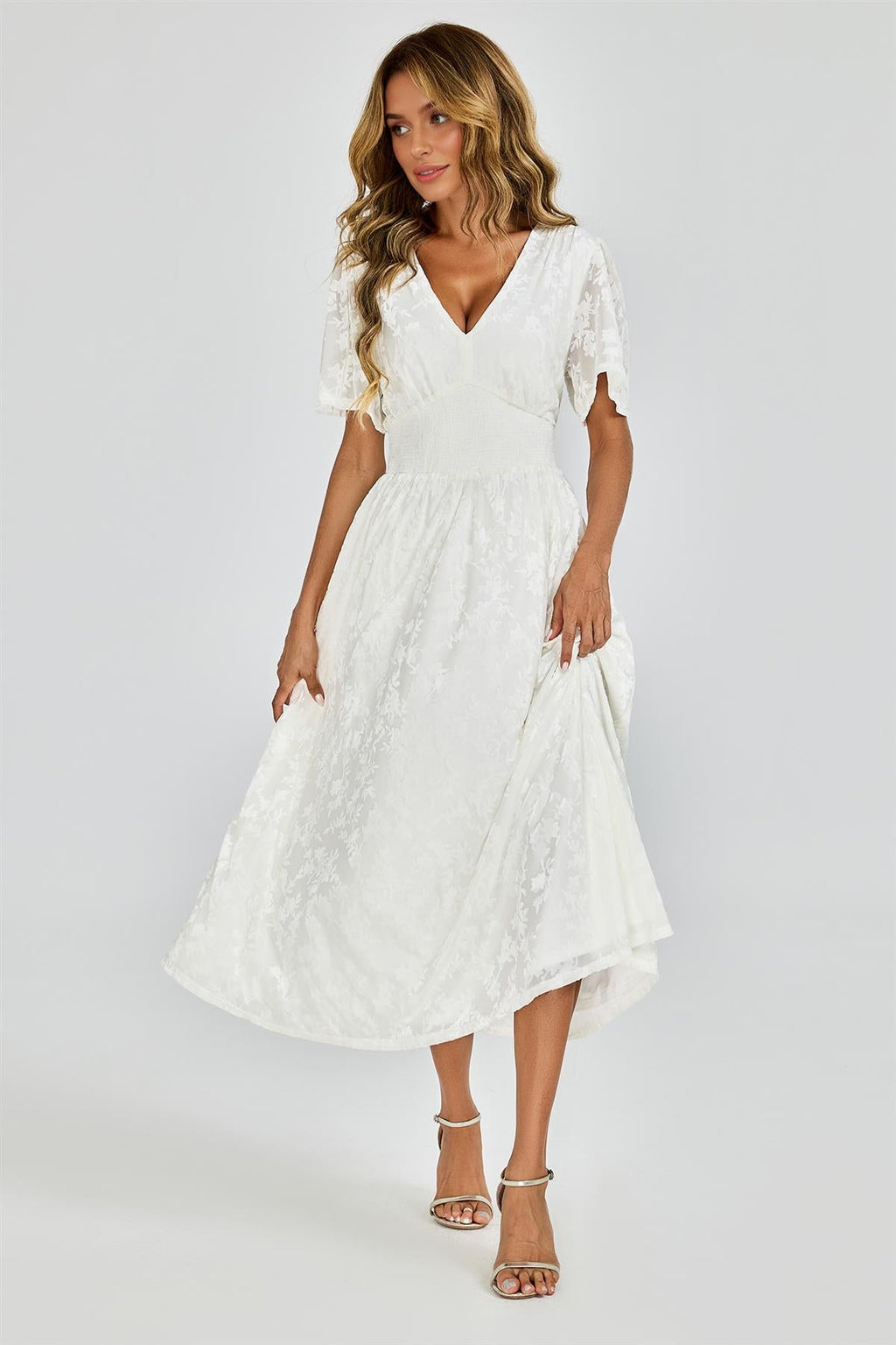 Off White Velvet Burnout V-Neck Angel Sleeve Midi Dress