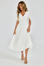 Off White Velvet Burnout V-Neck Angel Sleeve Midi Dress