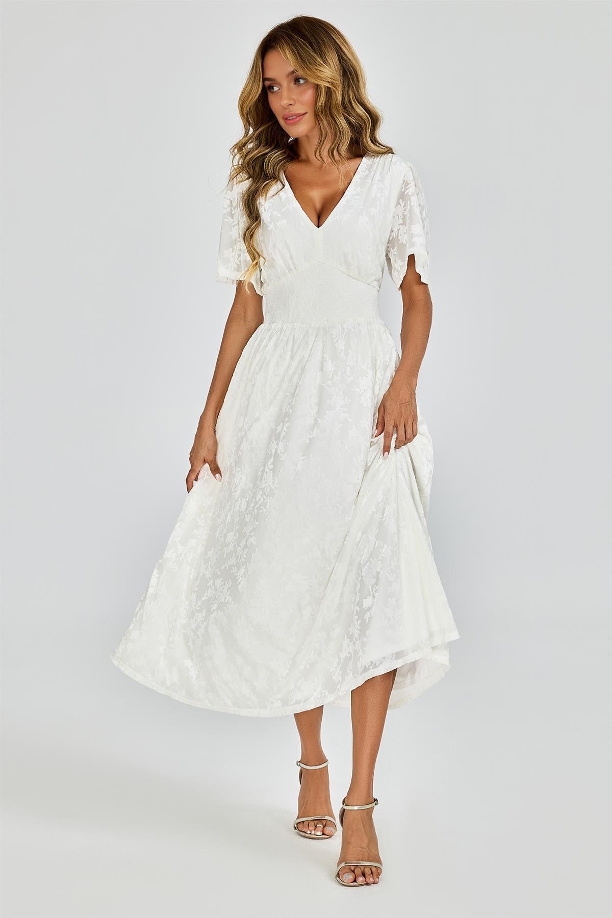 Off White Velvet Burnout V-Neck Angel Sleeve Midi Dress