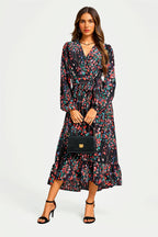 Abstract Floral Print Long Sleeve V Neck Wrap Top Midi Dress In Black