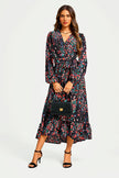 Robe midi cache-cœur noire à col en V et manches longues, imprimé floral abstrait