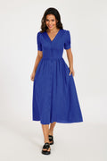 Button Front Short Sleeve Midi Dress In Blue