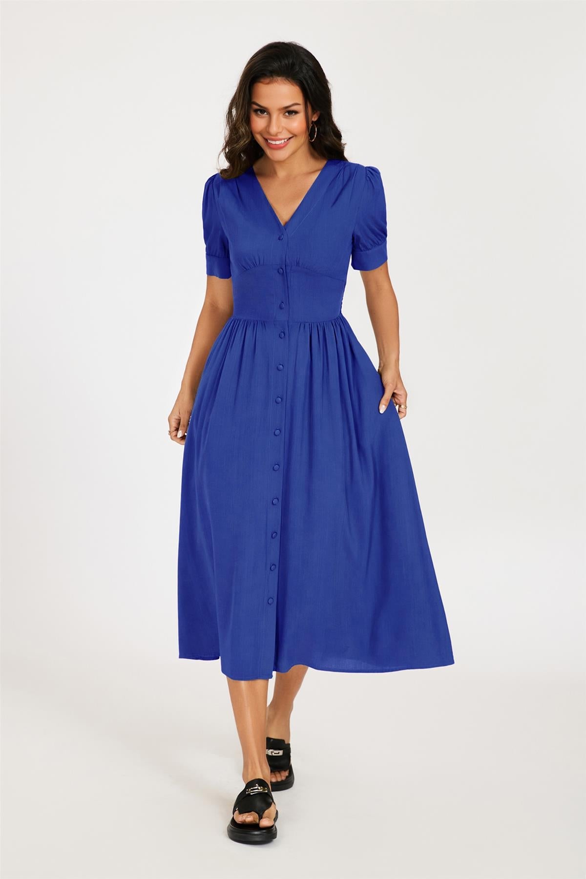 Button Front Short Sleeve Midi Dress In Blue