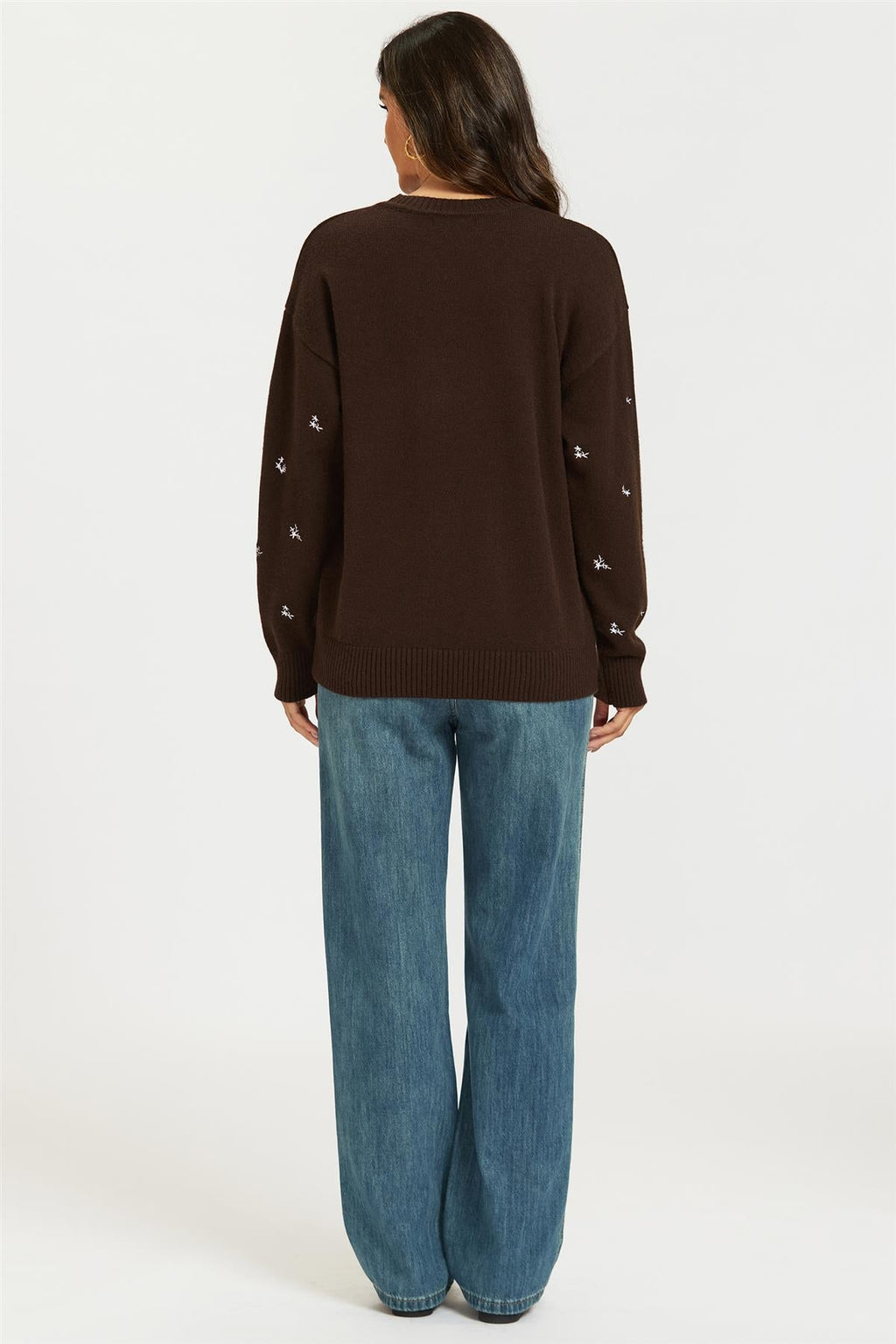 Embroidered Floral Knit Jumper Top In Brown