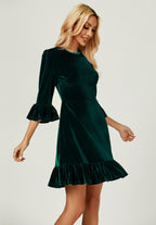 Velvet Frill Detail Mini Dress In Green