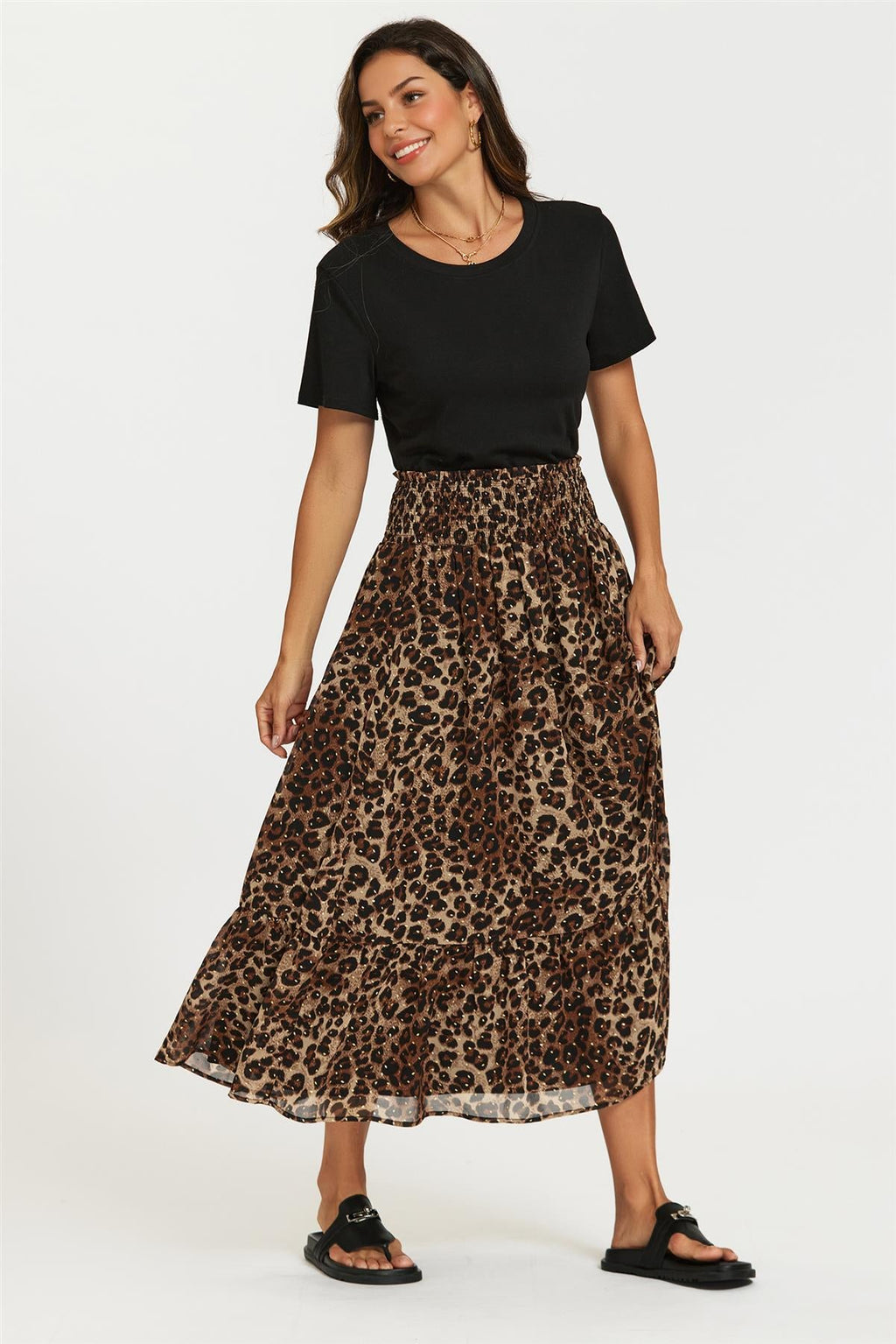 Gold Foil Leopard Print Midi Skirt In Brown