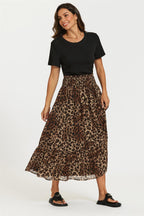 Gold Foil Leopard Print Midi Skirt In Brown