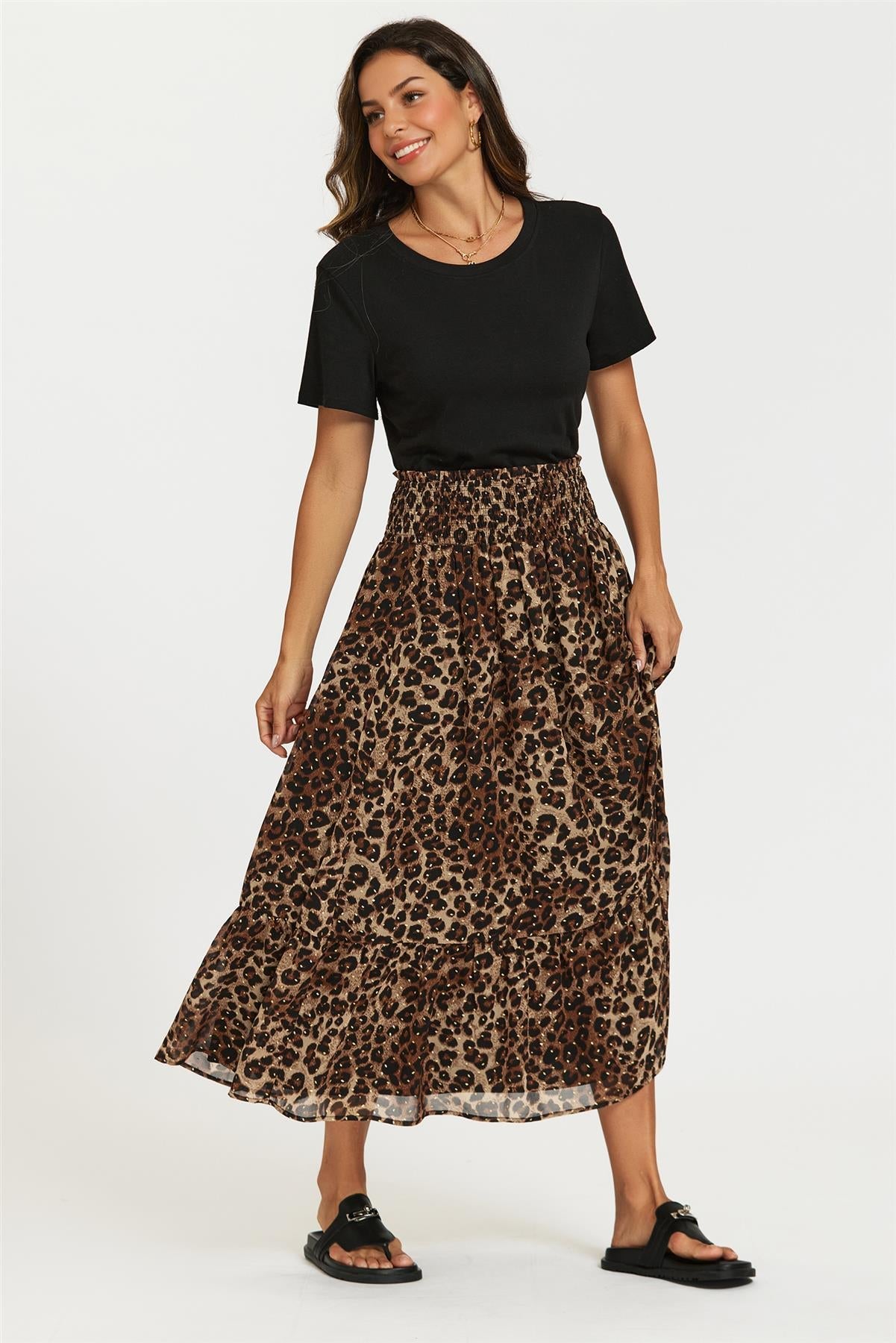 Gold Foil Leopard Print Midi Skirt In Brown