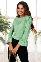 Polka Dot Print Frill Detail Cuff Top In Green