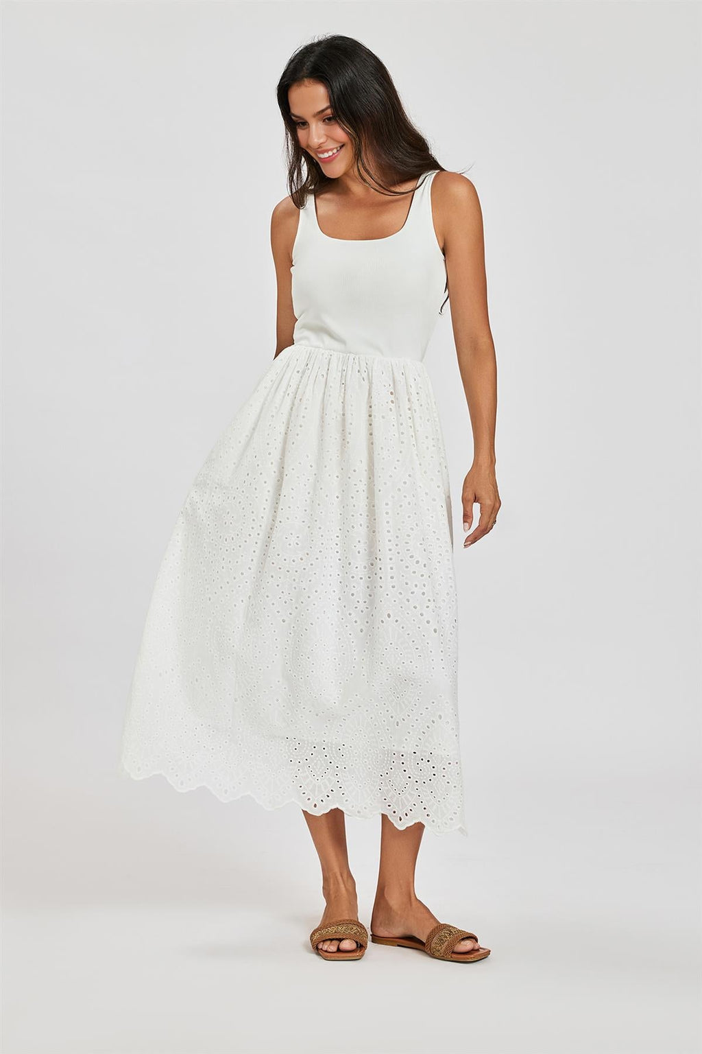 Sleeveless Jersey Top Broderie Midi Dress In White