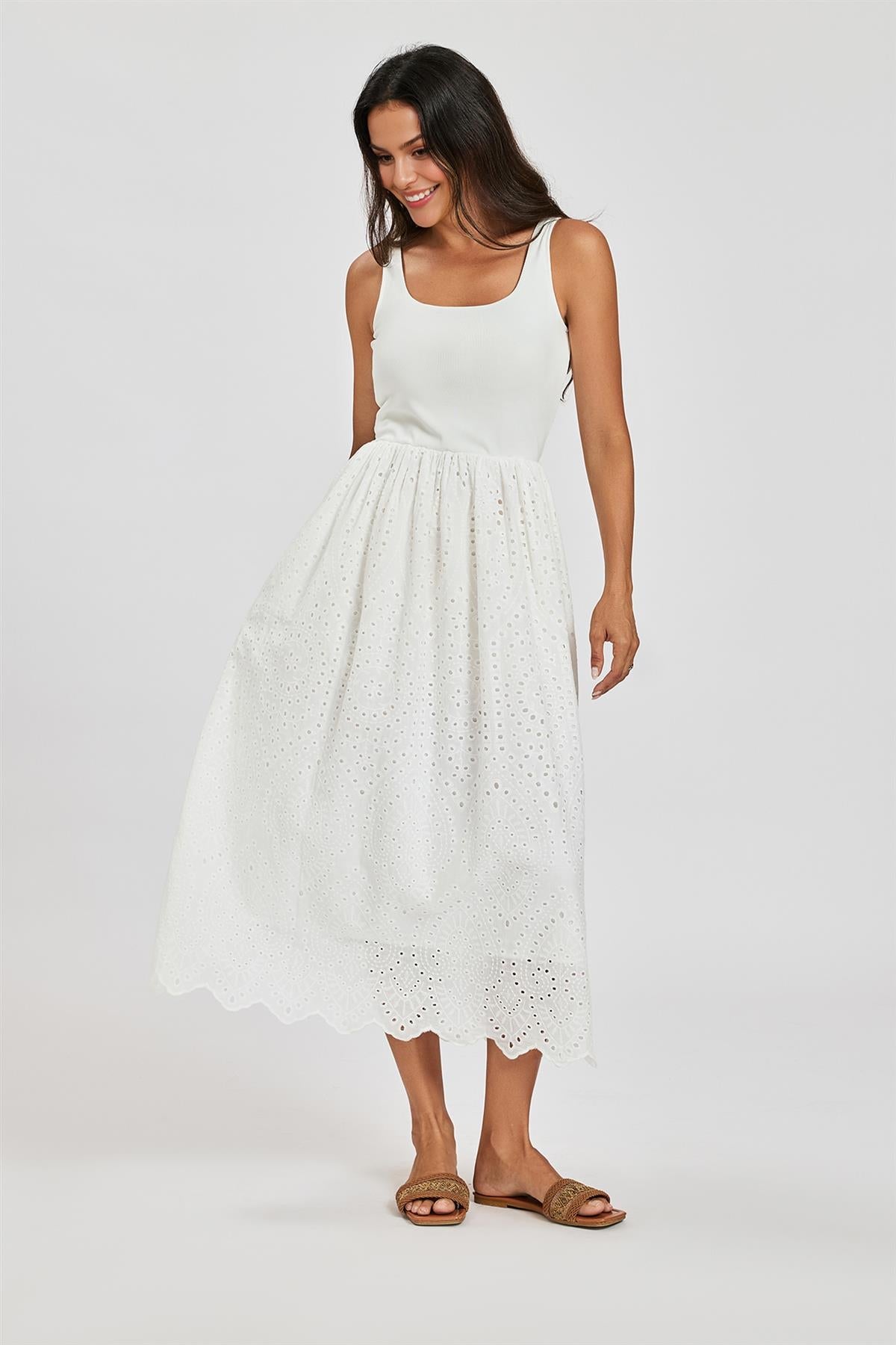 Sleeveless Jersey Top Broderie Midi Dress In White