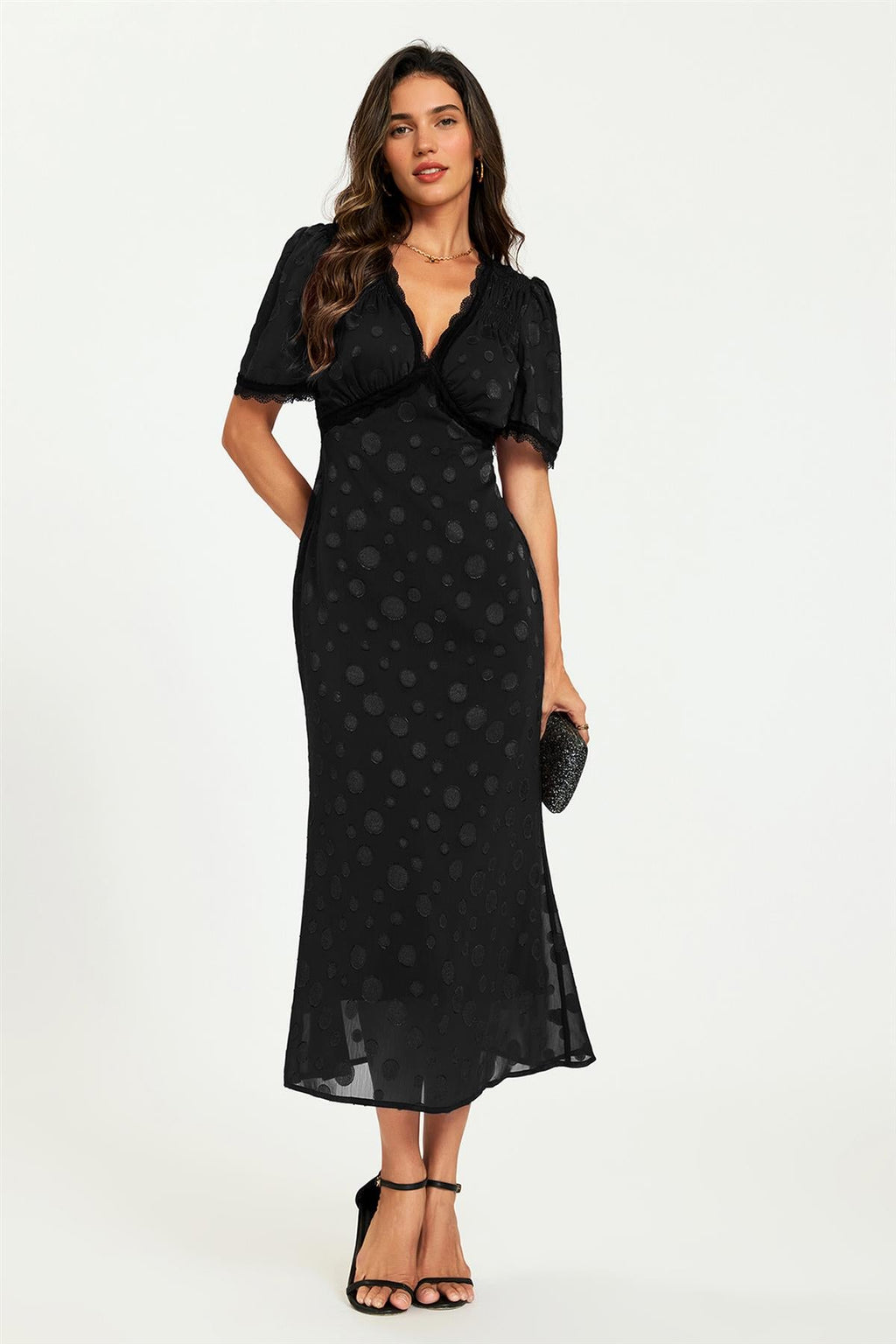 Polka Dot Jacquard Lace Trim Midi Dress In Black