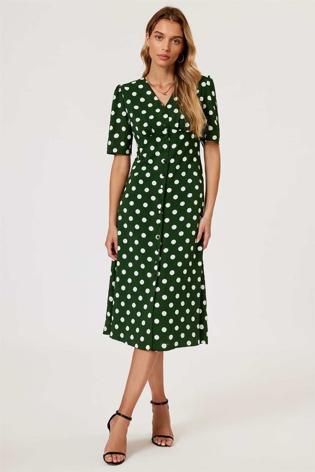 Polka Dot Print Button Front Midi Dress In Green