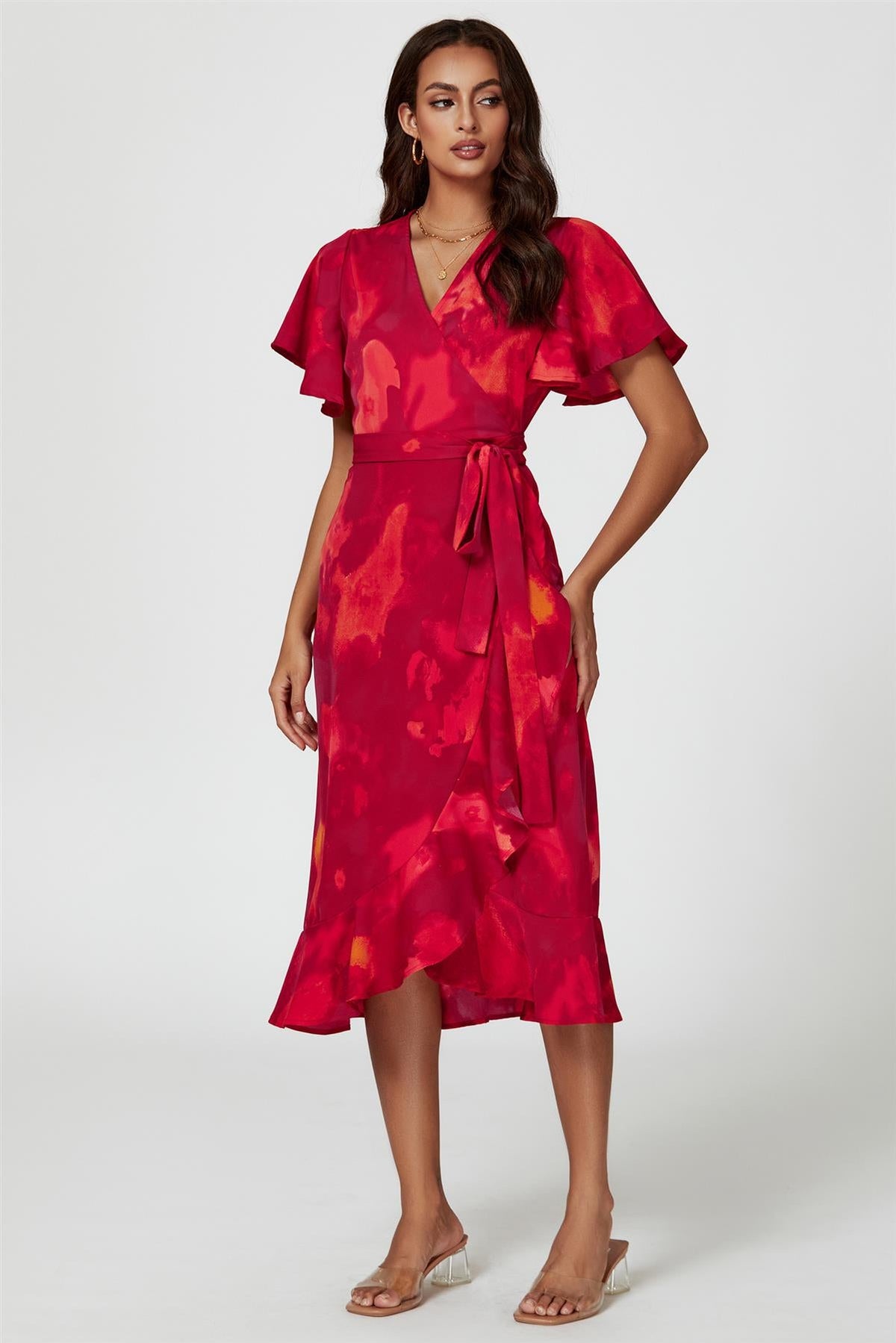 Robe midi portefeuille à manches ange et imprimé abstrait rouge