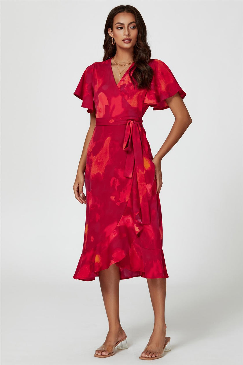 Robe midi portefeuille à manches ange et imprimé abstrait rouge