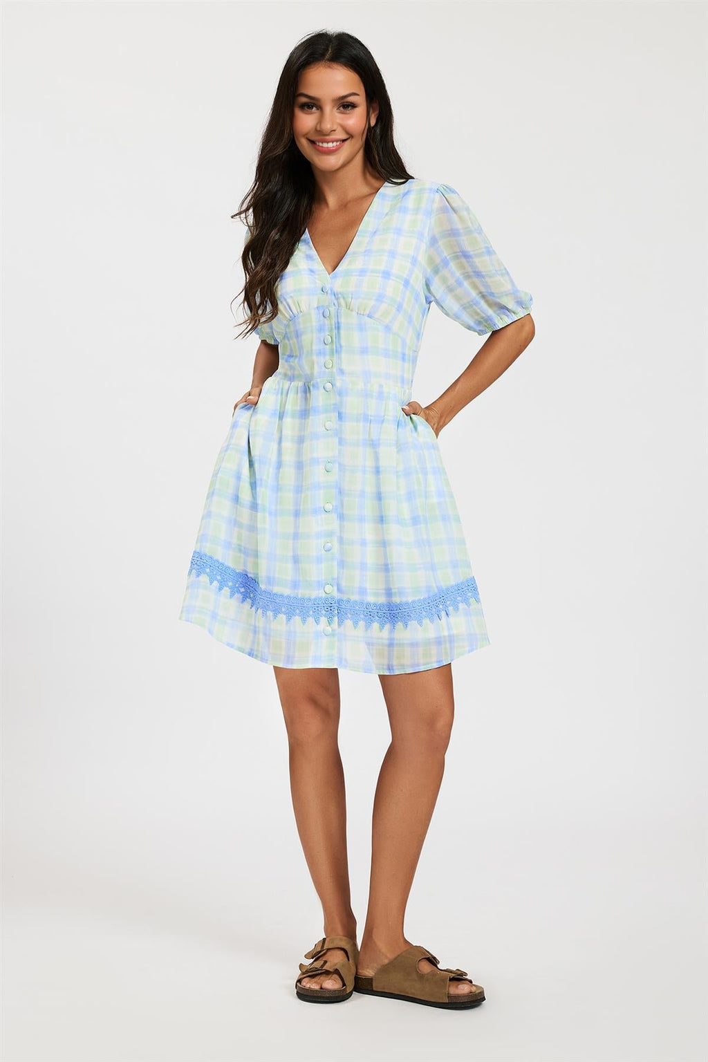Gingham Lace Detail Mini Dress In Green